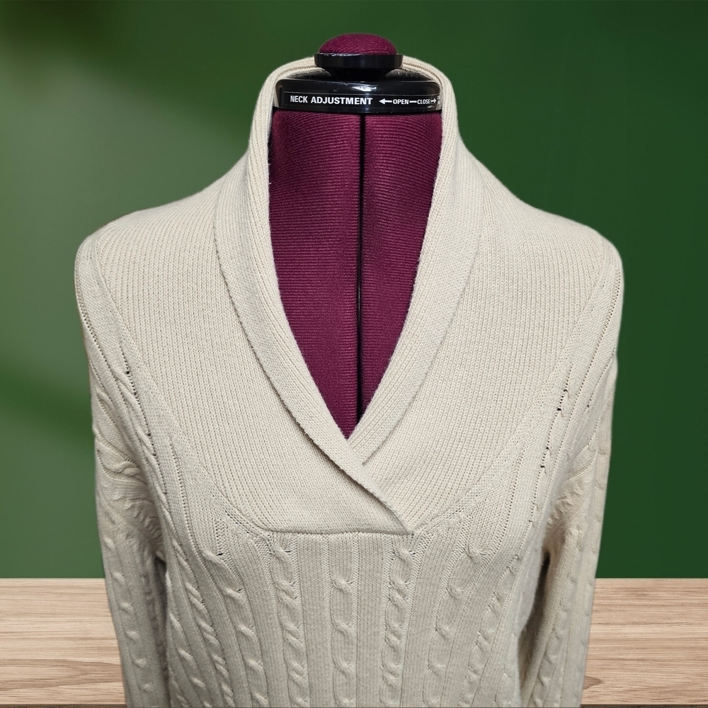 Charter Club Shawl Collar Cable Knit Pullover Sweater Beige Long Sleeve Cotton - Picture 2 of 14